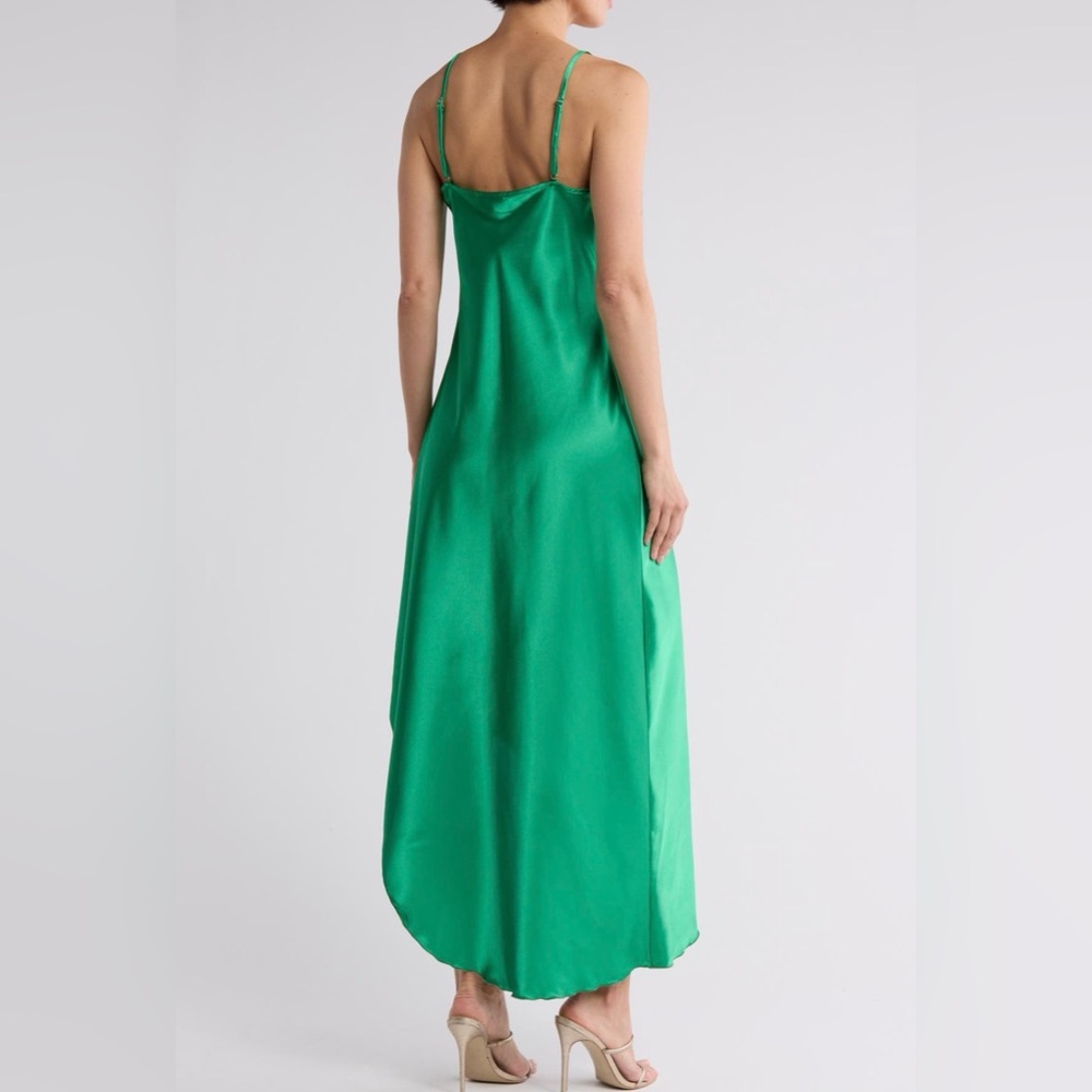 bebe Emerald Green Asymmetric Satin Slinky Slip Dress - Picture 2 of 7